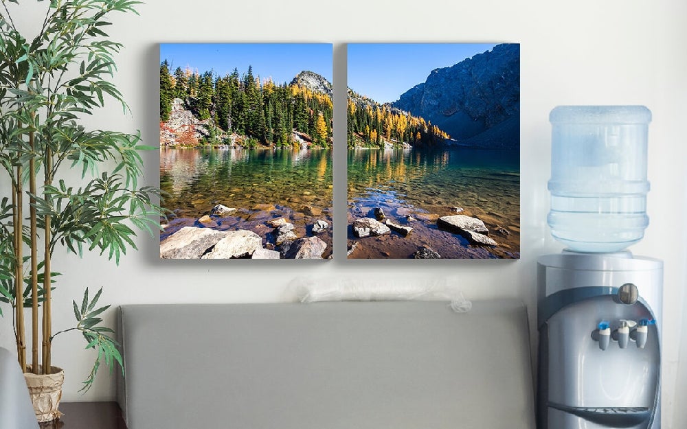 Multi-panel split canvas artwork with vibrant colors and detailed imagery across panels